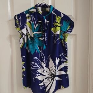 Worthington Navy Floral Tie-Neck Blouse with Teal and White Accents